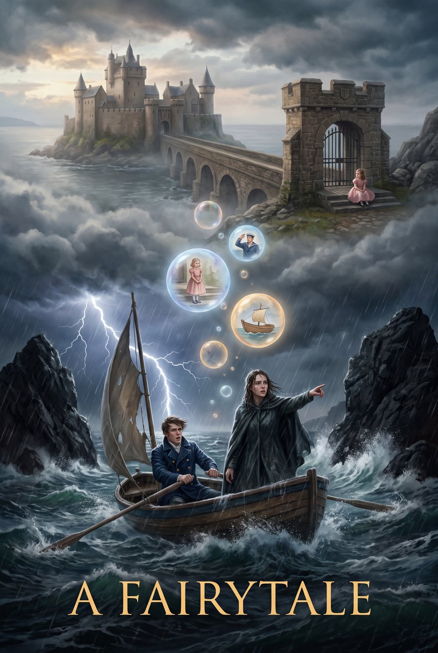 Concept poster for A Fairytale: a castle on a sea cliff above a storm, a girl waiting at a gatehouse, memories drifting in glowing bubbles, and two young people in a rowing boat on rough water