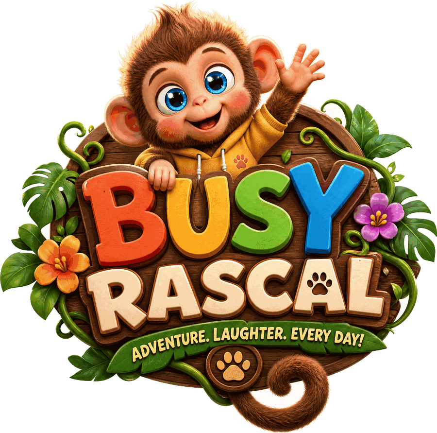 Busy Rascal logo: a small monkey in a yellow hoodie waving over a carved jungle sign