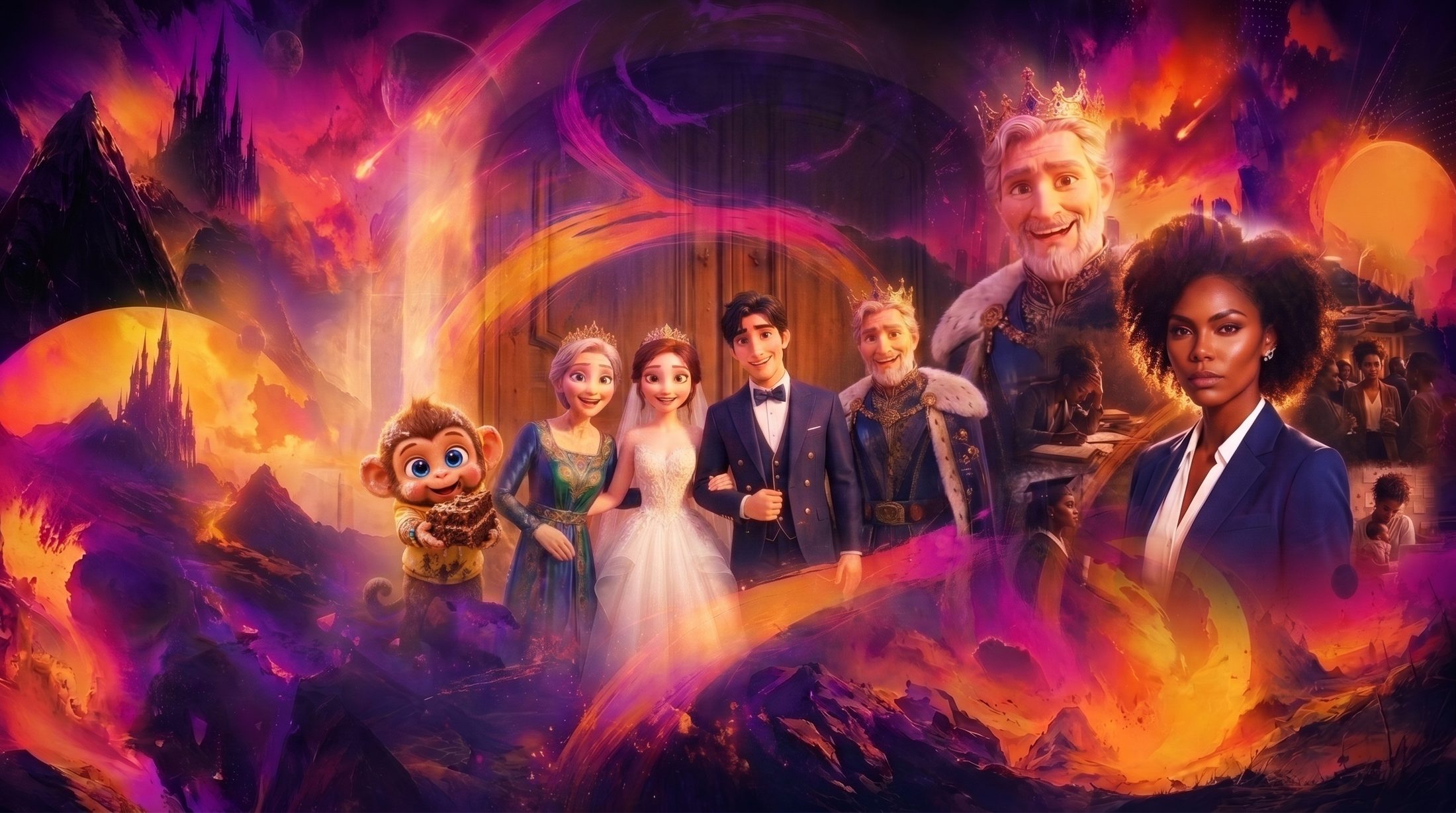 The BDL Animation Studios cast: Busy Rascal the monkey, Rosa and Arlo with the queen and king, and characters from the studio's adult and anime slates, against a burning purple and orange sky