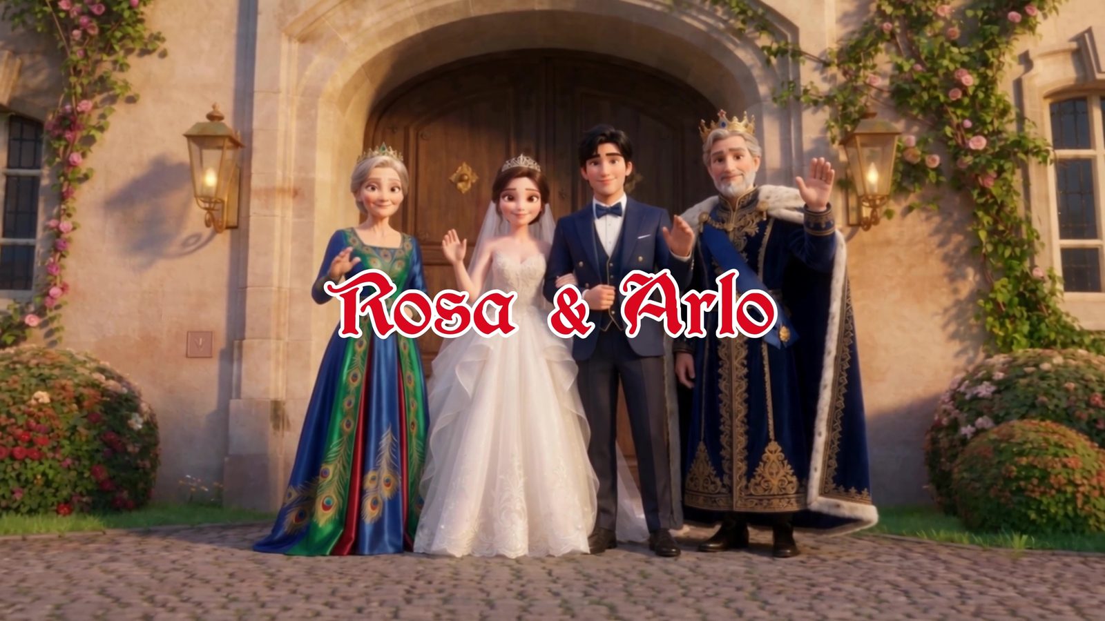 Rosa and Arlo on their wedding day, with the queen and king outside the palace doors